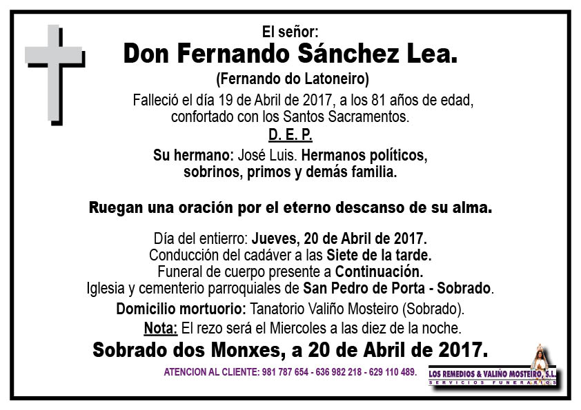 Esquela de Fernando Sánchez Lea.